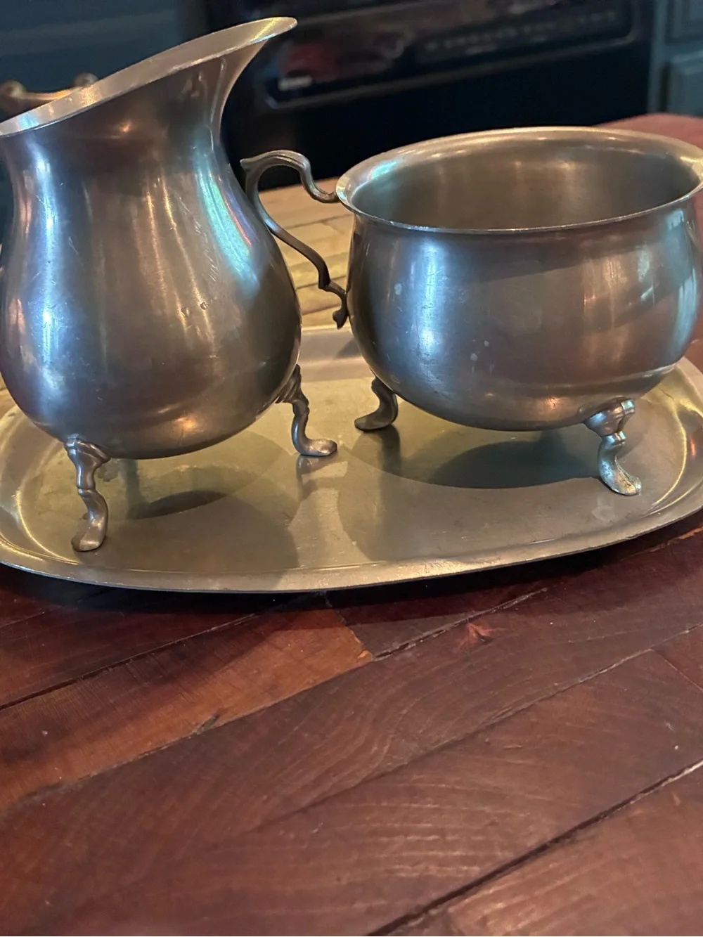 Vintage Pewter Sugar & Creamer Set on Small Tray!